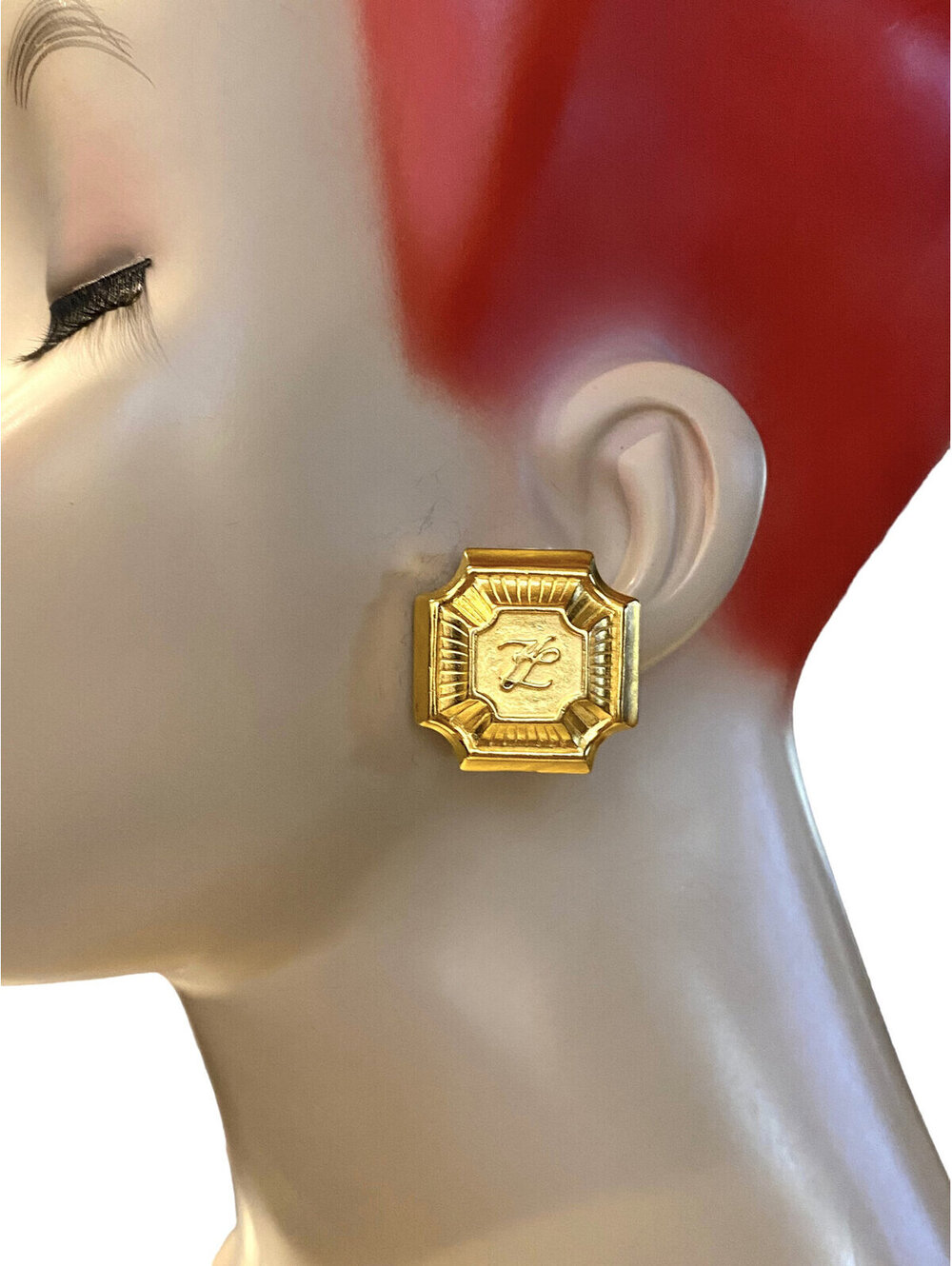 Karl Lagerfeld Greco Brushed Gold Plated MCM KL Logo Square Clip Earrings RR22